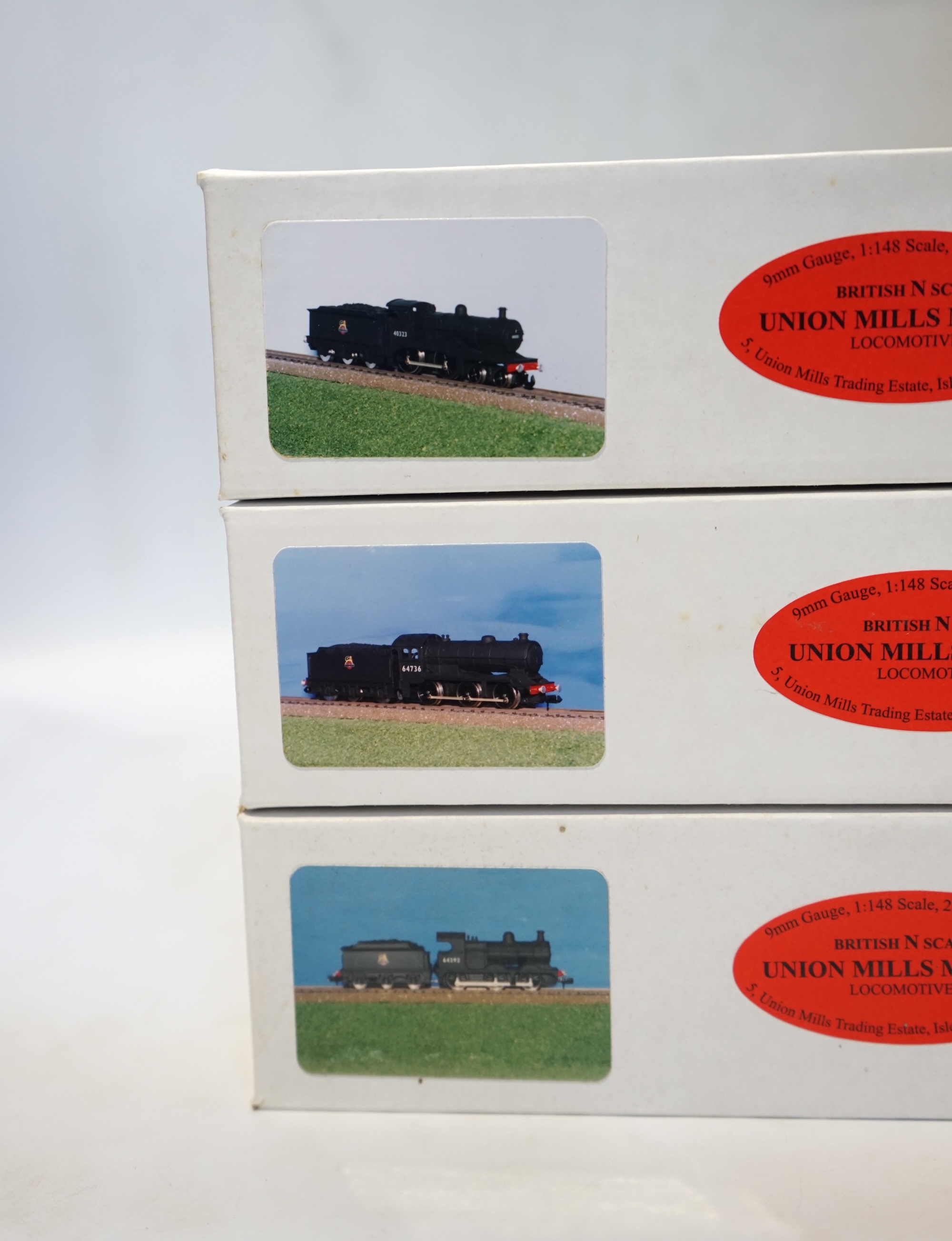 Three boxed Union Mills Models N gauge railway BR locomotives; a Class J39, 64736, a Class J11, 64394, and a Class 2P, 40323. Condition - good.